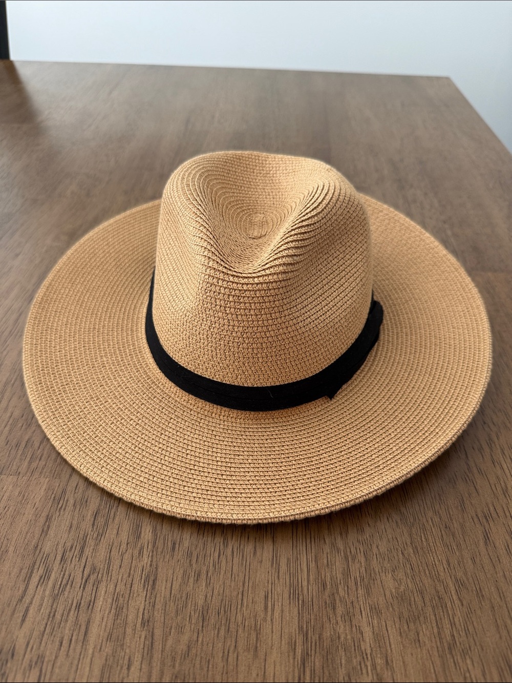 Wide-Brim Straw Fedora Hat with Black Band - Tan
